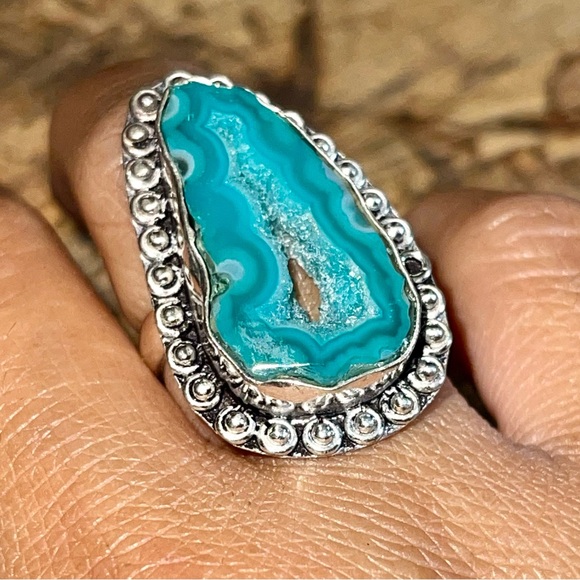 Blue Green Solar Agate Drusy Ring Size 7 1/4 - Picture 3 of 6